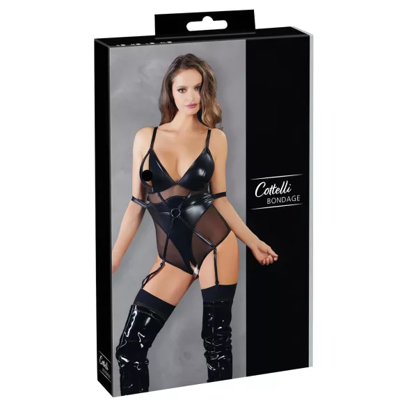 Cottelli Bondage - body met handboeien - glanzend zwart - L