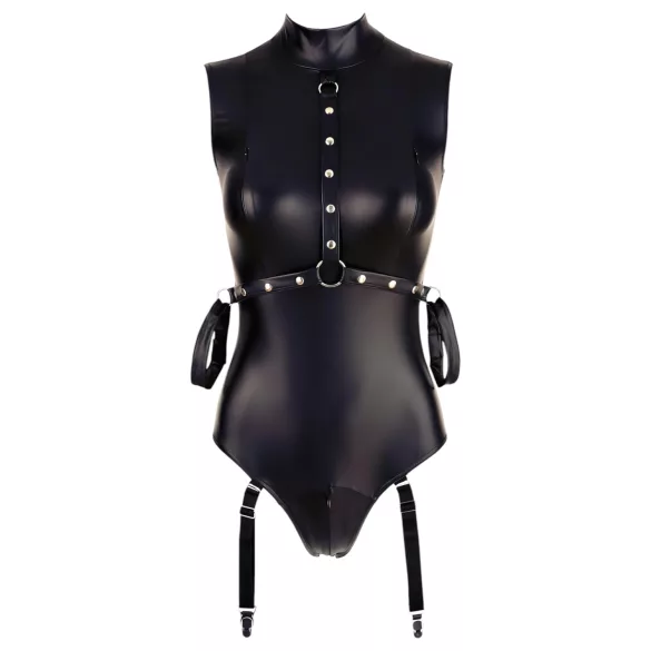 Cottelli Bondage - body zonder mouwen met boeien - glanzend zwart - M