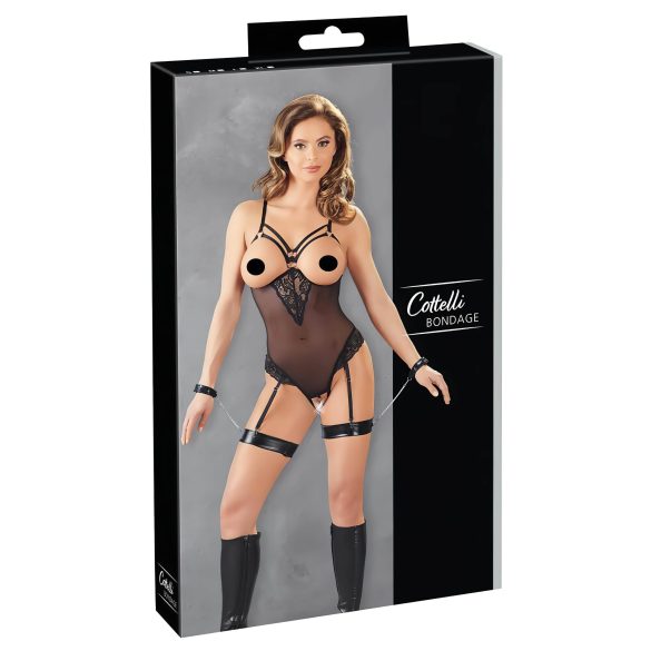 Cottelli Bondage - Zwarte body met metalen ring en polsboeien - M