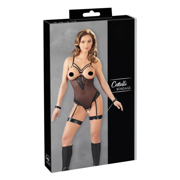 Cottelli Bondage - body met metalen ringen en polsboeien - zwart - XL