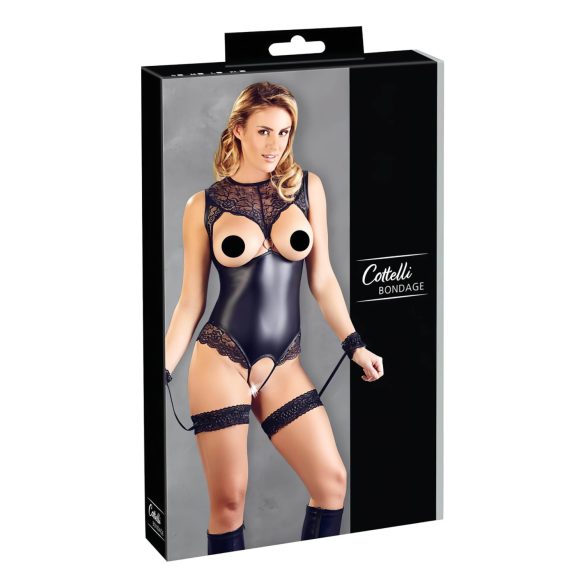 Cottelli Bondage - glanzend open body en polsboeien (zwart) - M
