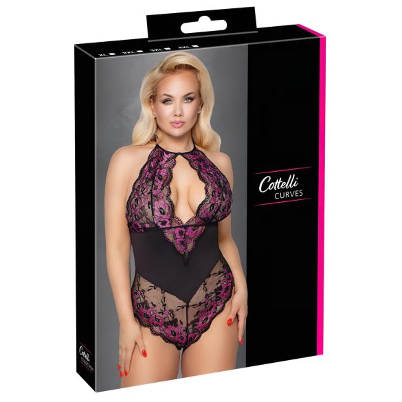 Cottelli Plus Size - Bloemige Body (zwart-paars) - 3XL