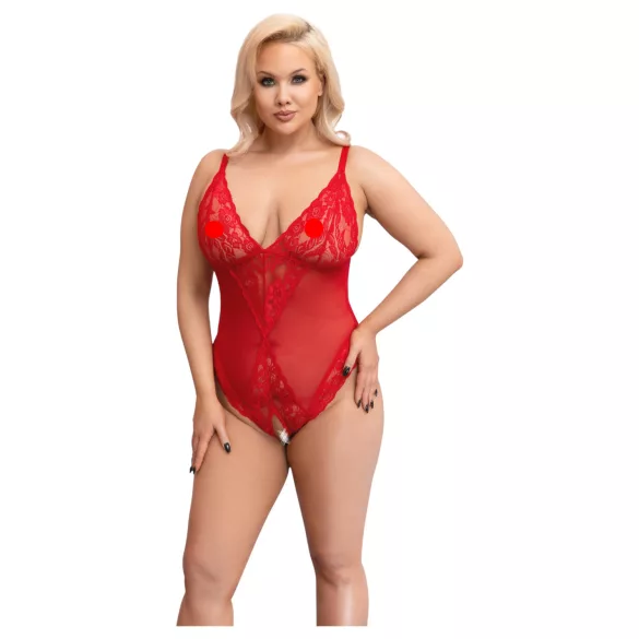 Cottelli Curves - bodysuit grote maten - transparant kant - rood