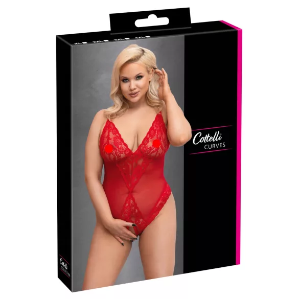 Cottelli Curves - bodysuit grote maten - transparant kant - rood - 2XL