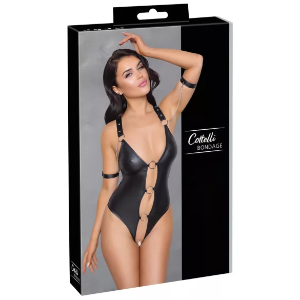 Cottelli Bondage - open body met ringen - glanzend zwart - L