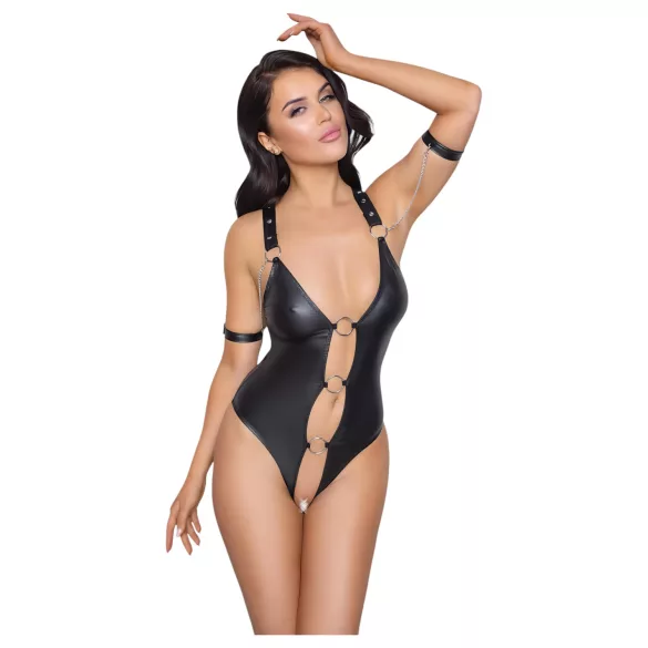 Cottelli Bondage - open body met ringen - glanzend zwart - XL