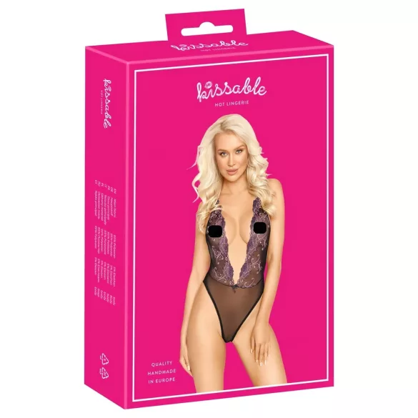 Kissable - roze geborduurde body (zwart) - L/XL