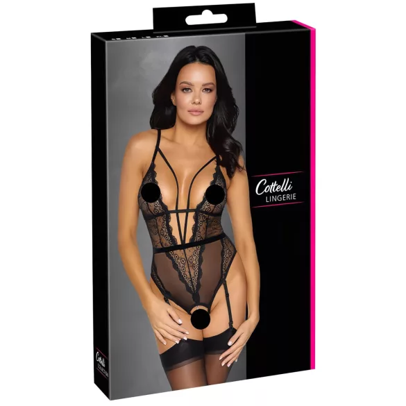 Cottelli - open body met bandjes en jarretels - zwart - L