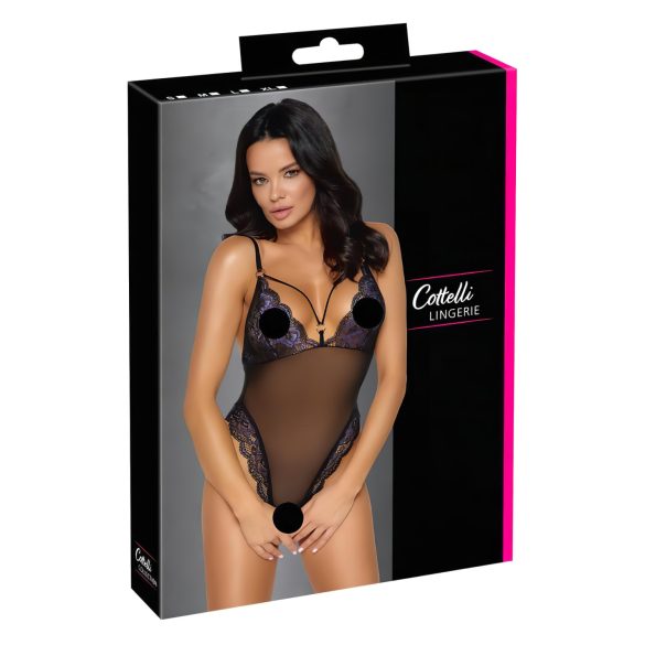 Cottelli - open geborduurde kanten body - zwart-paars - XL