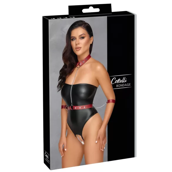 Cottelli Bondage - glanzende body en armboeien (zwart) - L