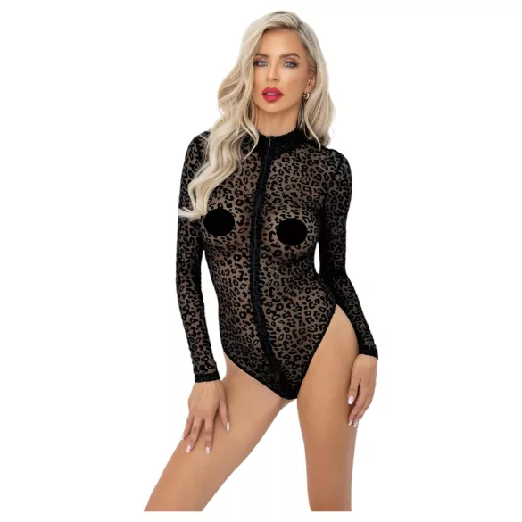 Noir - luipaardprint lange mouwen body (zwart) - M