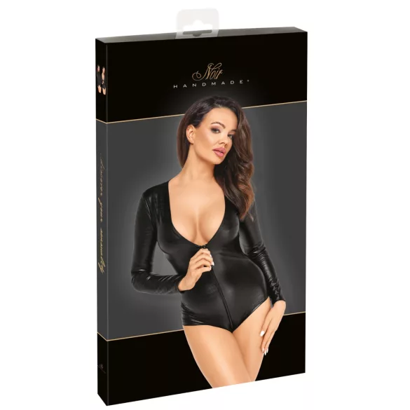 Noir - dames body - lange mouw - glanzend zwart - L