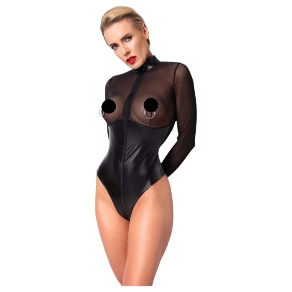 Noir - bodysuit - transparant inzetstuk - glanzend zwart - L