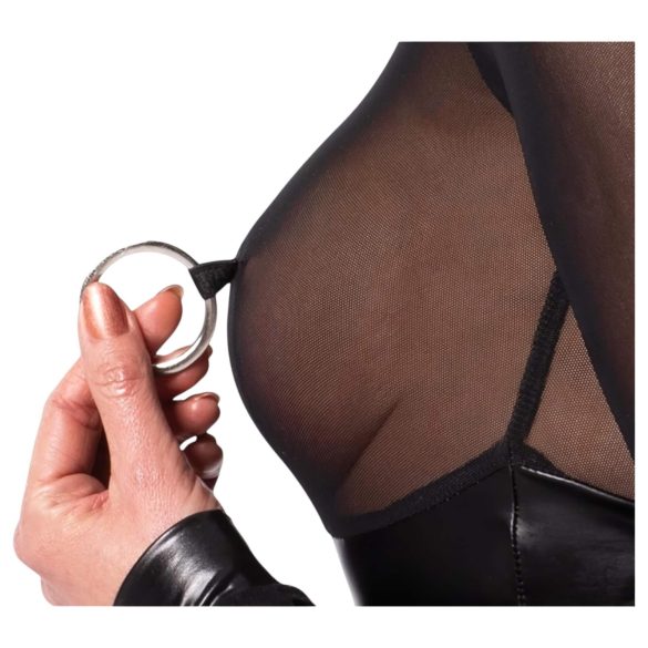 Noir - bodysuit - transparant inzetstuk - glanzend zwart - L