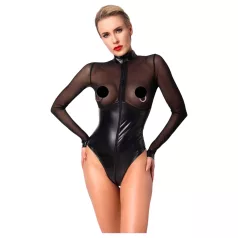   Noir - bodysuit - transparant inzetstuk - glanzend zwart - XL