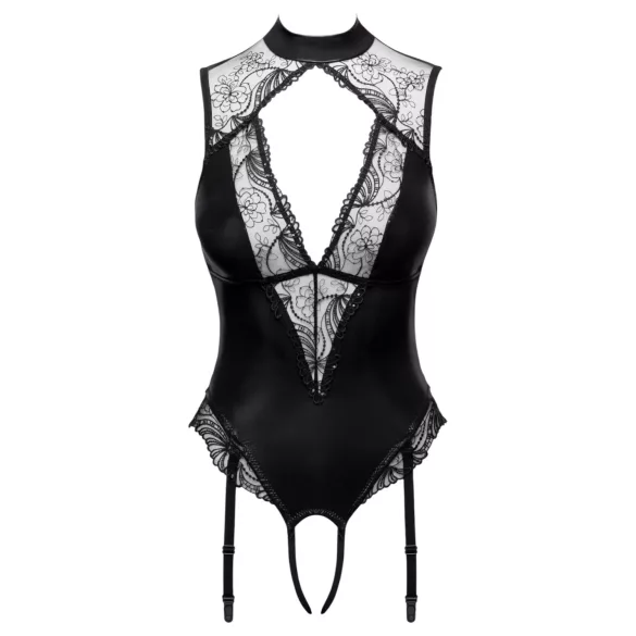 Cottelli - body met jarretelles en open kruis (zwart)