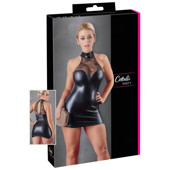 Cottelli - glanzende mini-jurk met kanten nekband (zwart) - XL