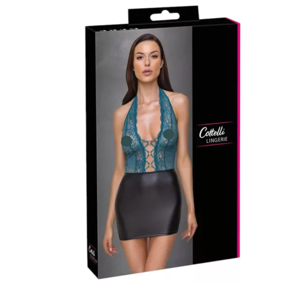 Cottelli - jurkje met vetersluiting en kant - glanzend - zwart/groen