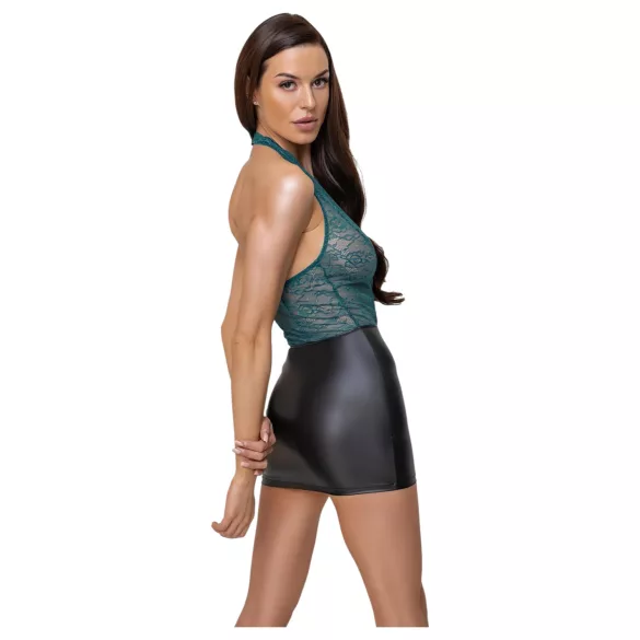 Cottelli - jurkje met vetersluiting en kant - glanzend - zwart/groen - L