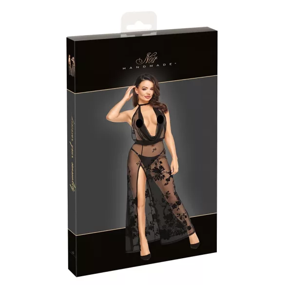 Noir - volledig doorschijnende bloemen maxijurk (zwart) - XL