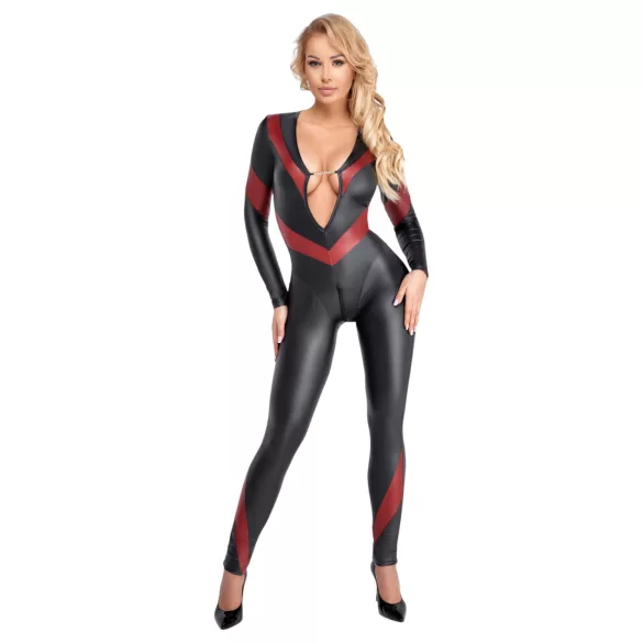 Cottelli - catsuit met rits - lederlook - zwart - L