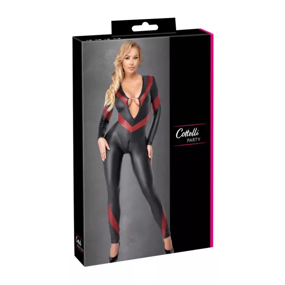 Cottelli - catsuit met rits - lederlook - zwart - L