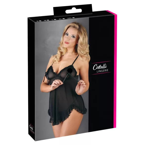 Cottelli - babydoll lingerie - transparant met ruches - zwart