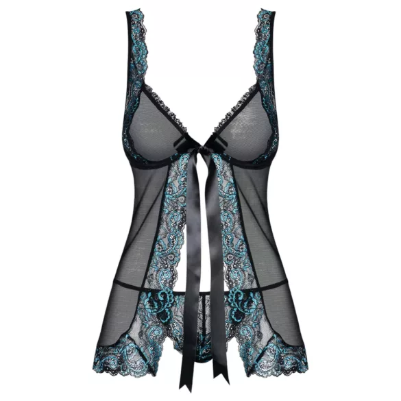 Obsessive Amanta - babydoll met borduursel en string - zwart/turquoise