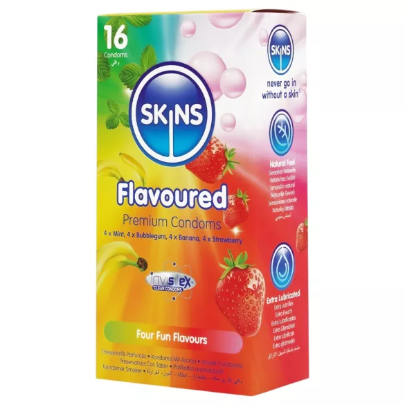 Skins - geparfumeerde condooms - munt, kauwgom, banaan, aardbei (16 stuks)
