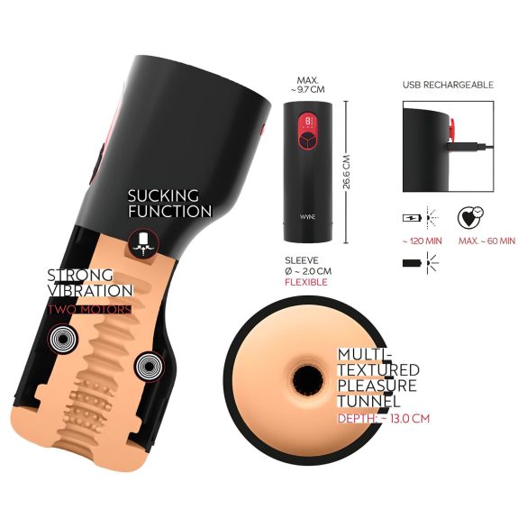 WYNE 07 - masturbator met vibratie en zuigfunctie - oplaadbaar - zwart