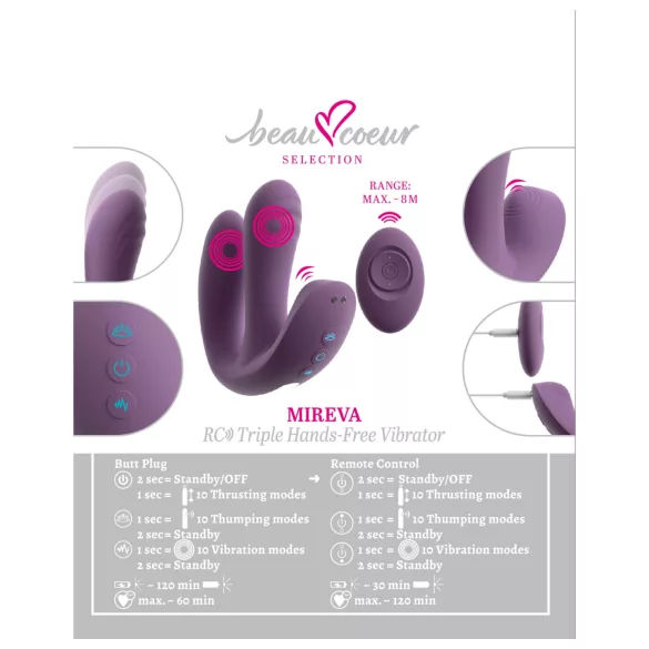 Beau Coeur Mireva - vibrator met drie armen - afstandsbediening - paars