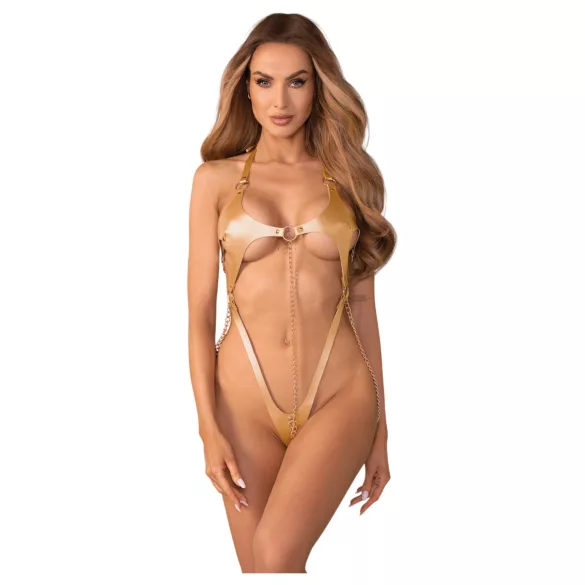 Obsessive Anyya - body met bandjes in leerlook met kettingen (goudkleurig)