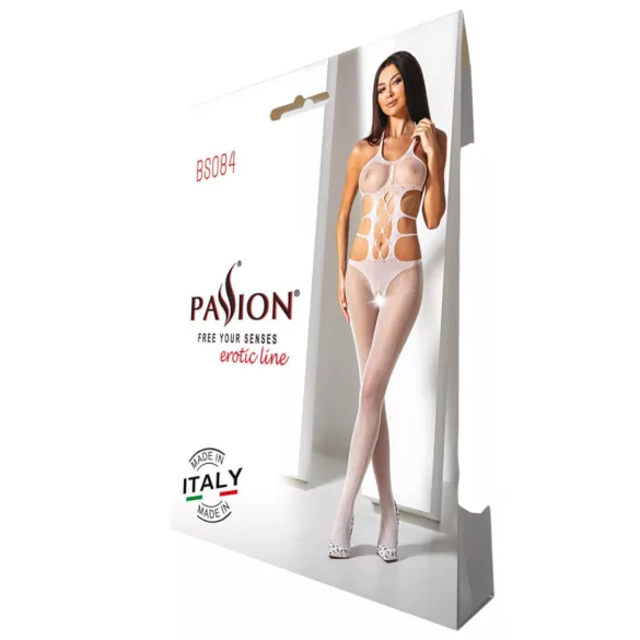 Passion BS084 - kanten catsuit met vetersluiting - wit - S-L