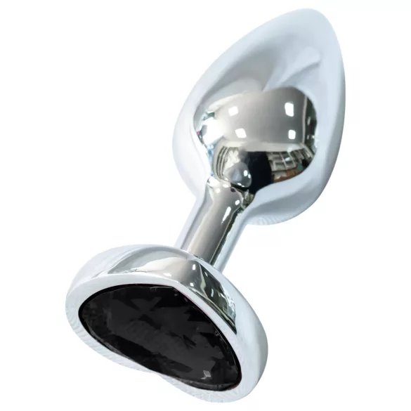 Sunfo - metalen anale plug met hartvormige zwarte steen (zilver)