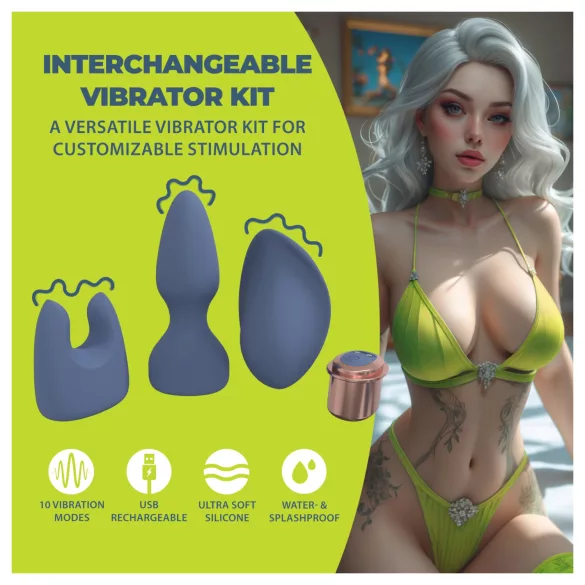Loveline - vibratorenset met verwisselbare kop (blauw-grijs)