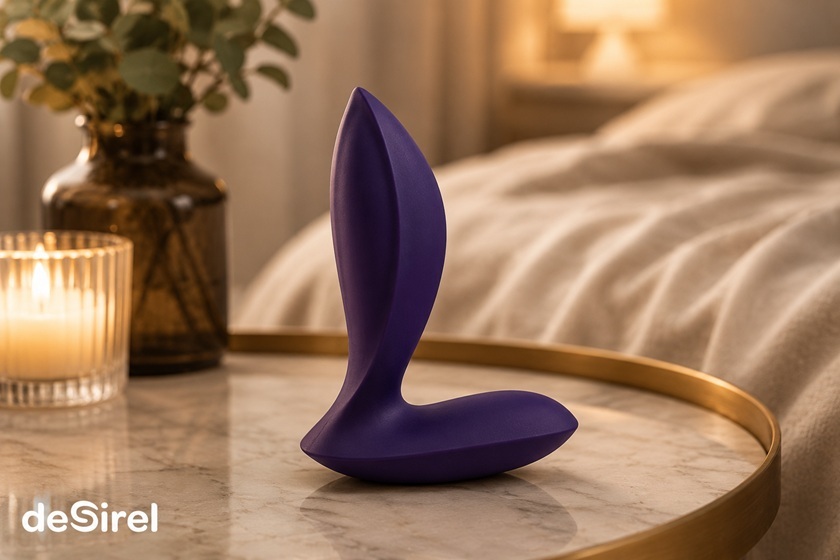 Paarse beginnersbuttplug in een warme, discrete slaapkameromgeving | Sexshop Desirel.be