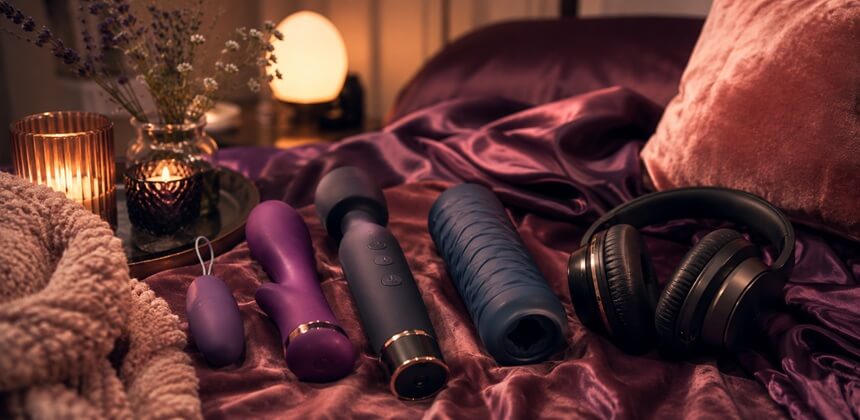 Stille speeltjes en een koptelefoon op paars satijn creëren een intieme ASMR-seks sfeer | Sexshop Desirel.be